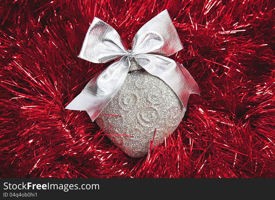 Silver Christmas Heart On Red Tinsel