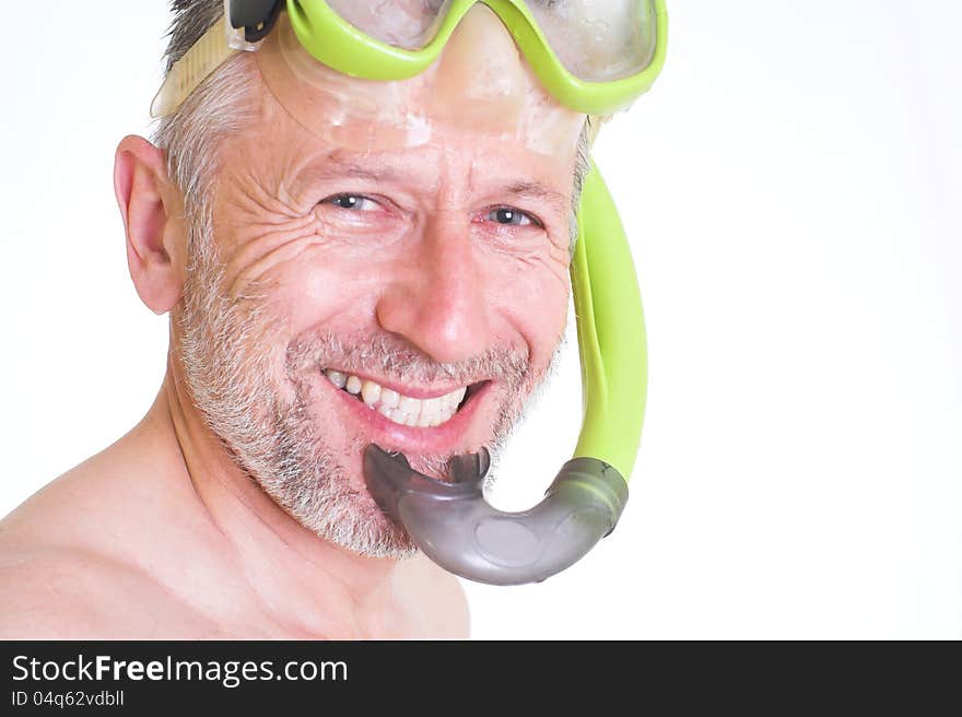 Portrait of a wet smiling man with a tube and mask for plunge. Background is white. Portrait of a wet smiling man with a tube and mask for plunge. Background is white.