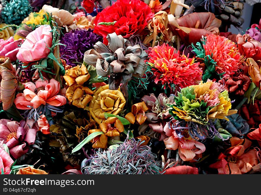 Handmade colored paper flowers exposed for decorative