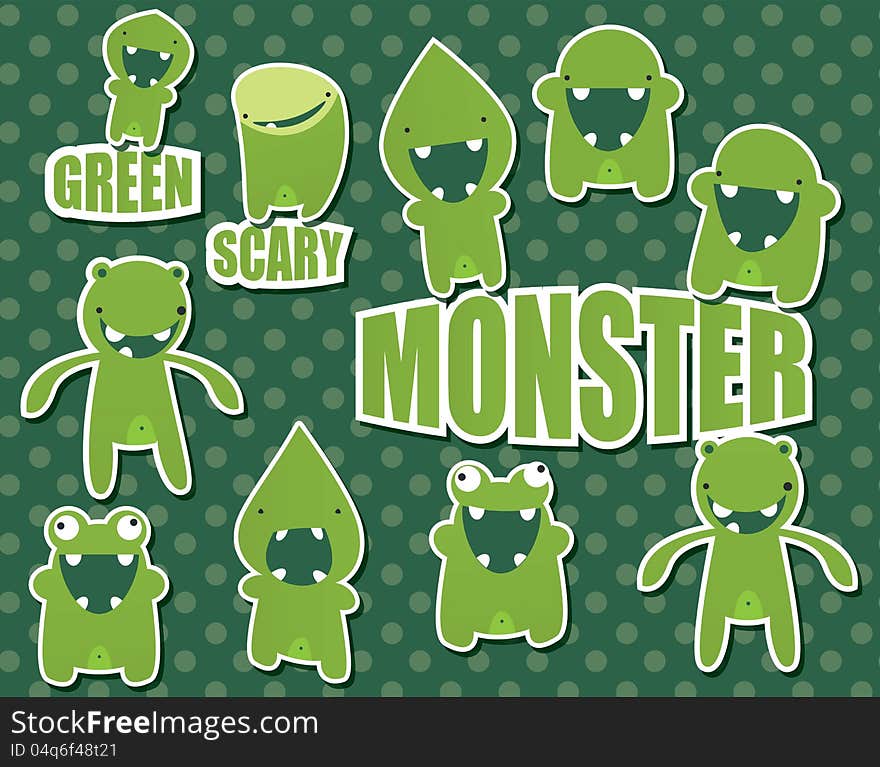 Collection of cute green monsters on dotted background. Collection of cute green monsters on dotted background