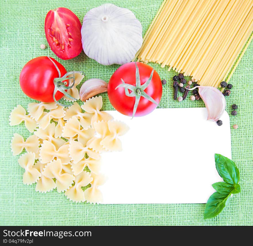 Blank Recipe card with ingredients on a green textile background