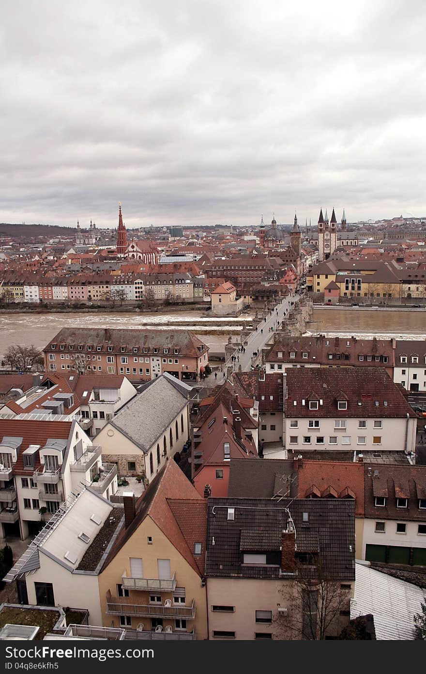 View on Wuerzburg and Old Main Bridge from Fortress Marienberg, Germany