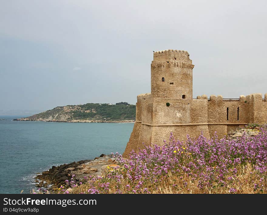 Aragonese Castle, located on a small island in the Ionian Sea in the vicinity of the village of Le Castella. Aragonese Castle, located on a small island in the Ionian Sea in the vicinity of the village of Le Castella