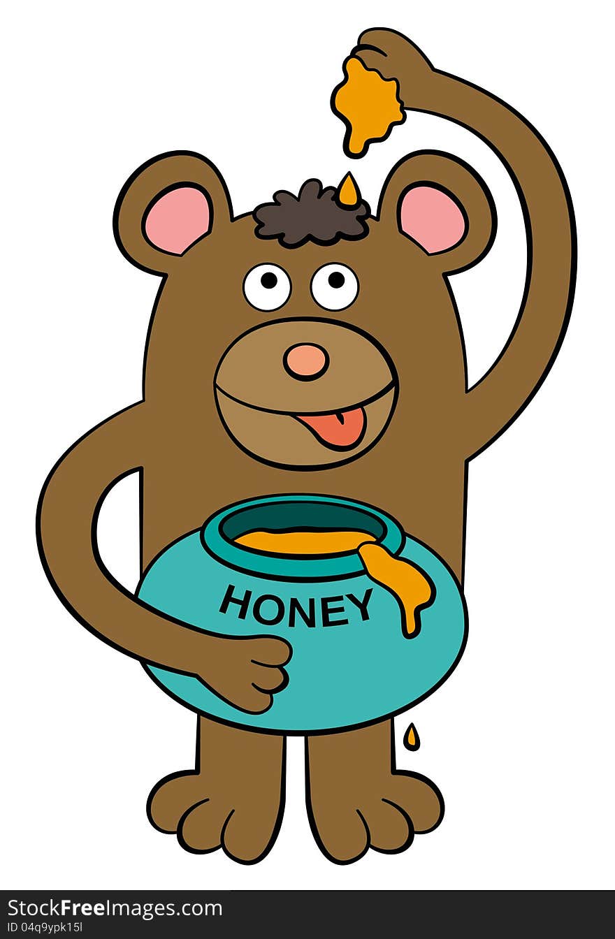 A cute illustration of a bear with a honey jar and eating honey. A cute illustration of a bear with a honey jar and eating honey