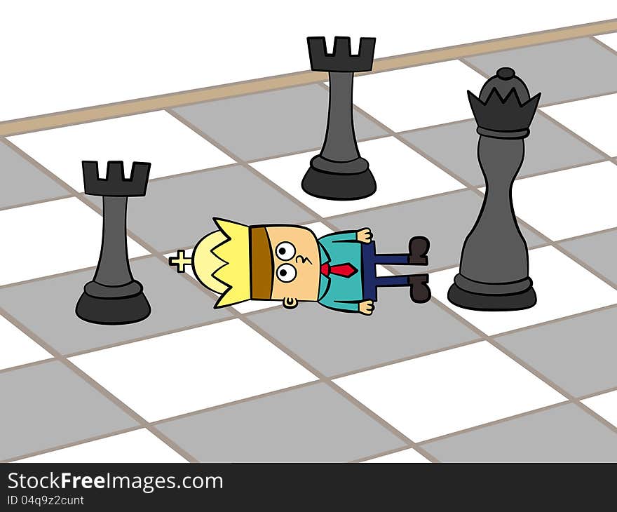 A laid down business man on a chess board with a king's crown and chess pieces beside him. A laid down business man on a chess board with a king's crown and chess pieces beside him