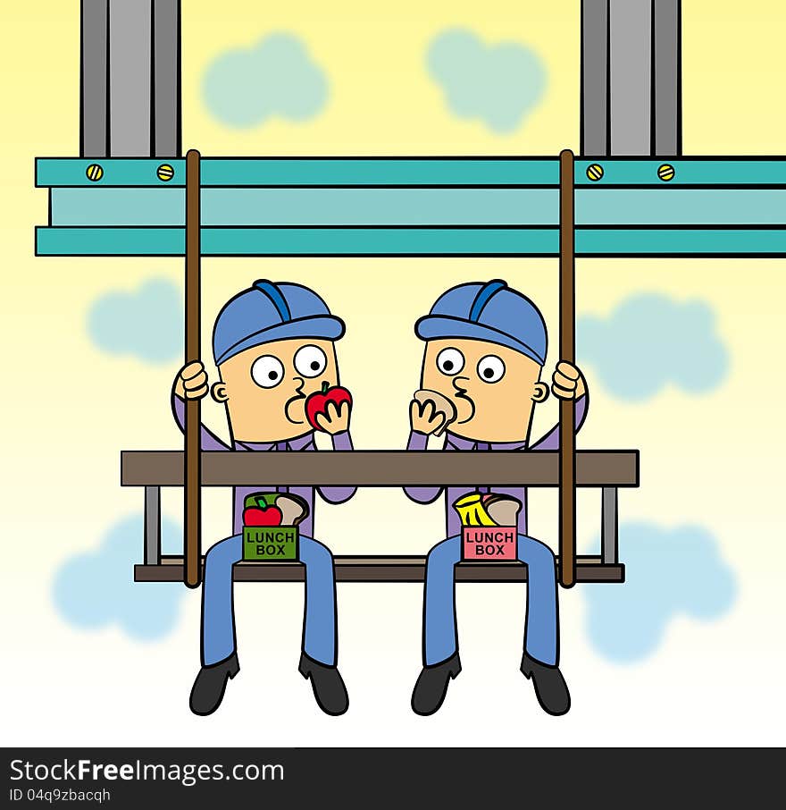 Illustration of two construction workers having lunch while hanging on a beam. Illustration of two construction workers having lunch while hanging on a beam