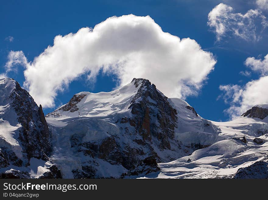 Snow covered mountains and rocky peaks in the Alps