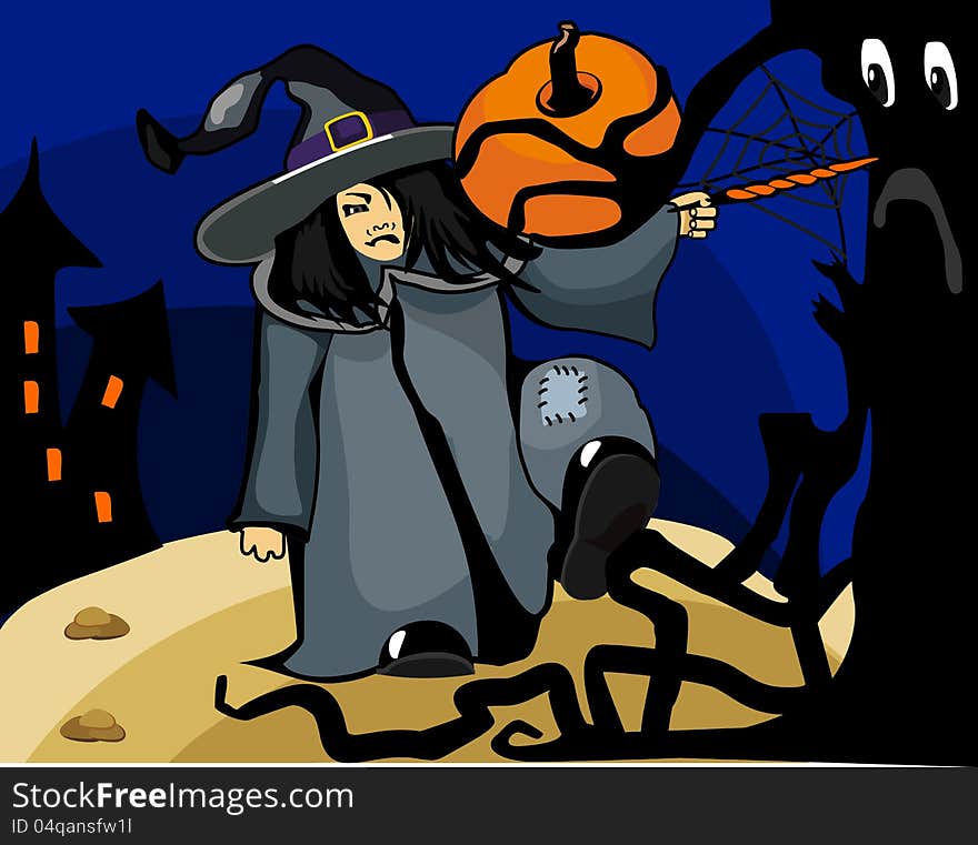 Halloween witch casts a spell in the forest