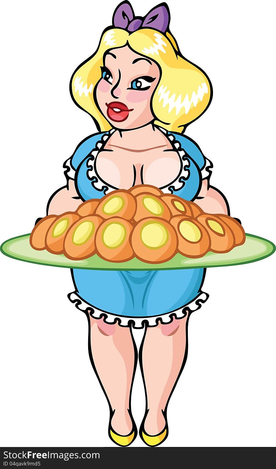 The illustration shows young pretty blond blue-eyed woman in blue dress with tray in her arms. The tray is full of cookies. The illustration done in cartoon style. The illustration shows young pretty blond blue-eyed woman in blue dress with tray in her arms. The tray is full of cookies. The illustration done in cartoon style.