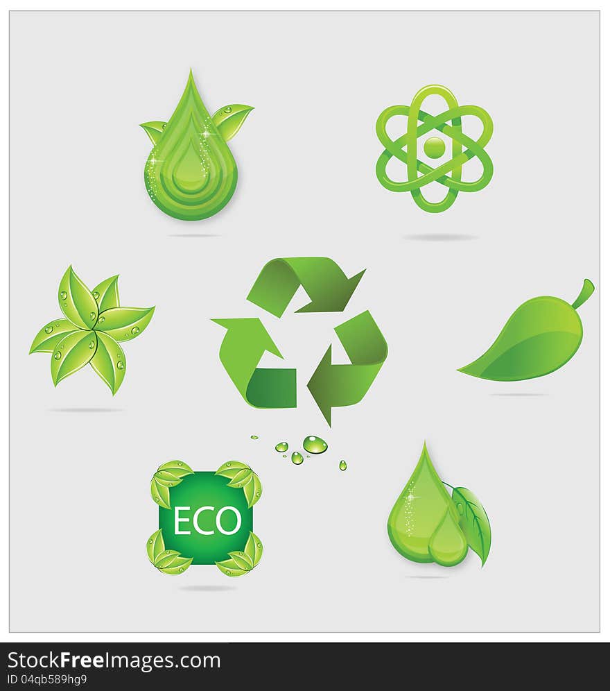 Eco symbols and emblems set green color isolated