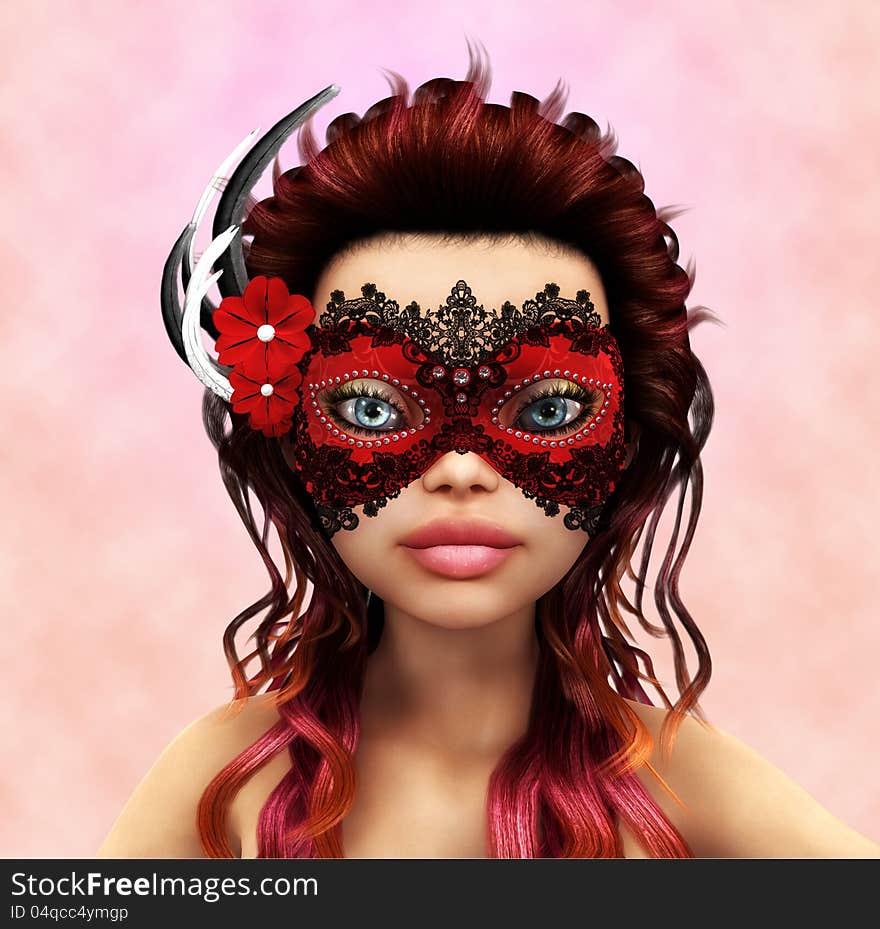 3d render of girl in red carnaval mask. 3d render of girl in red carnaval mask