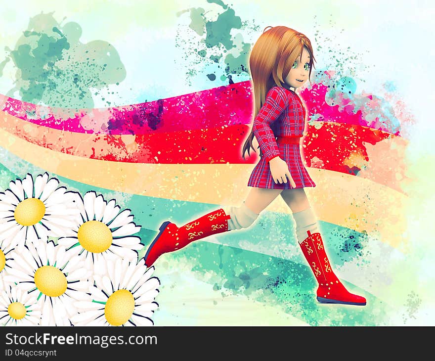 Abstract illustration of cartoon girl walking on rainbow.