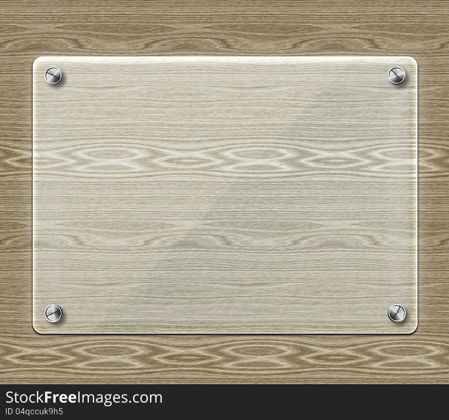 Abstract glass plate with screws on wood background. Abstract glass plate with screws on wood background