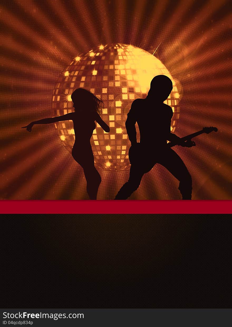 Illustration of party banner with disco ball and dancing people. Illustration of party banner with disco ball and dancing people.