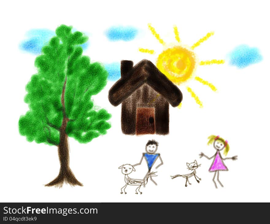 Drawing of a house and childrens playing with pets. Drawing of a house and childrens playing with pets.