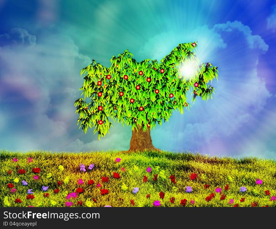 Illustration of fruit tree and meadow in bloom. Illustration of fruit tree and meadow in bloom.