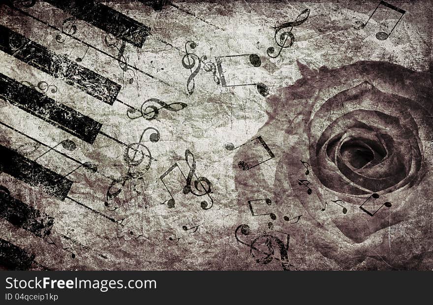 Abstract grunge rose and piano, vintage music background. Abstract grunge rose and piano, vintage music background