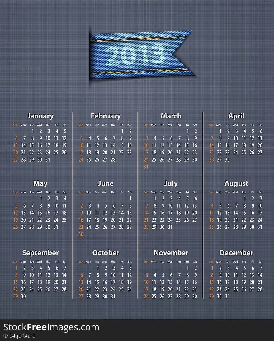 Stylish calendar for 2013 on linen texture with jeans insertion. Vector illustration. Stylish calendar for 2013 on linen texture with jeans insertion. Vector illustration