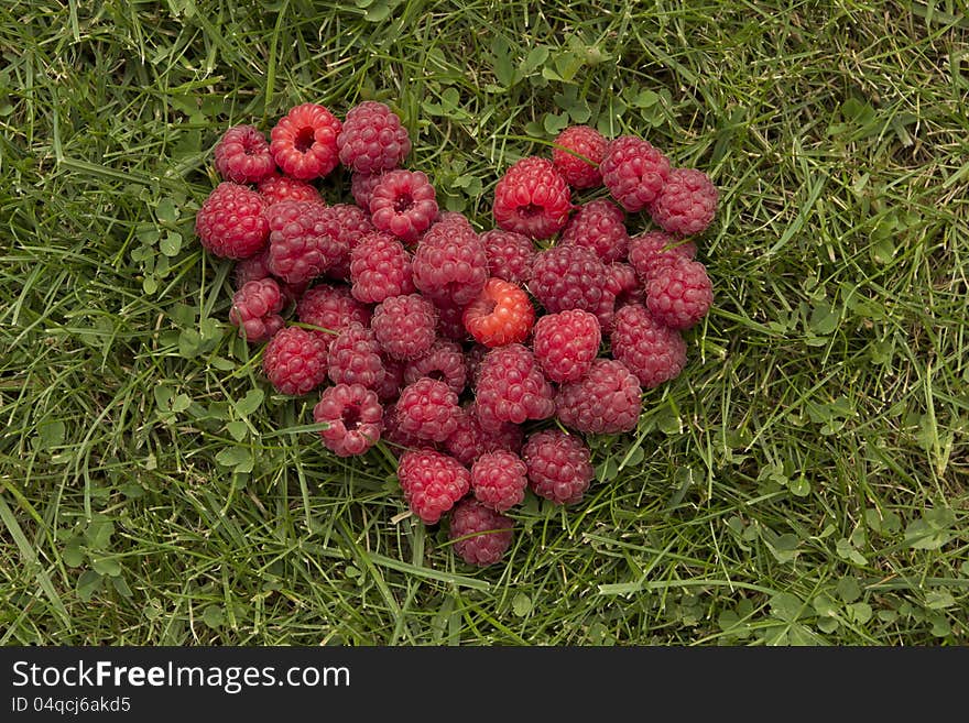 Heart of raspberries on the grass