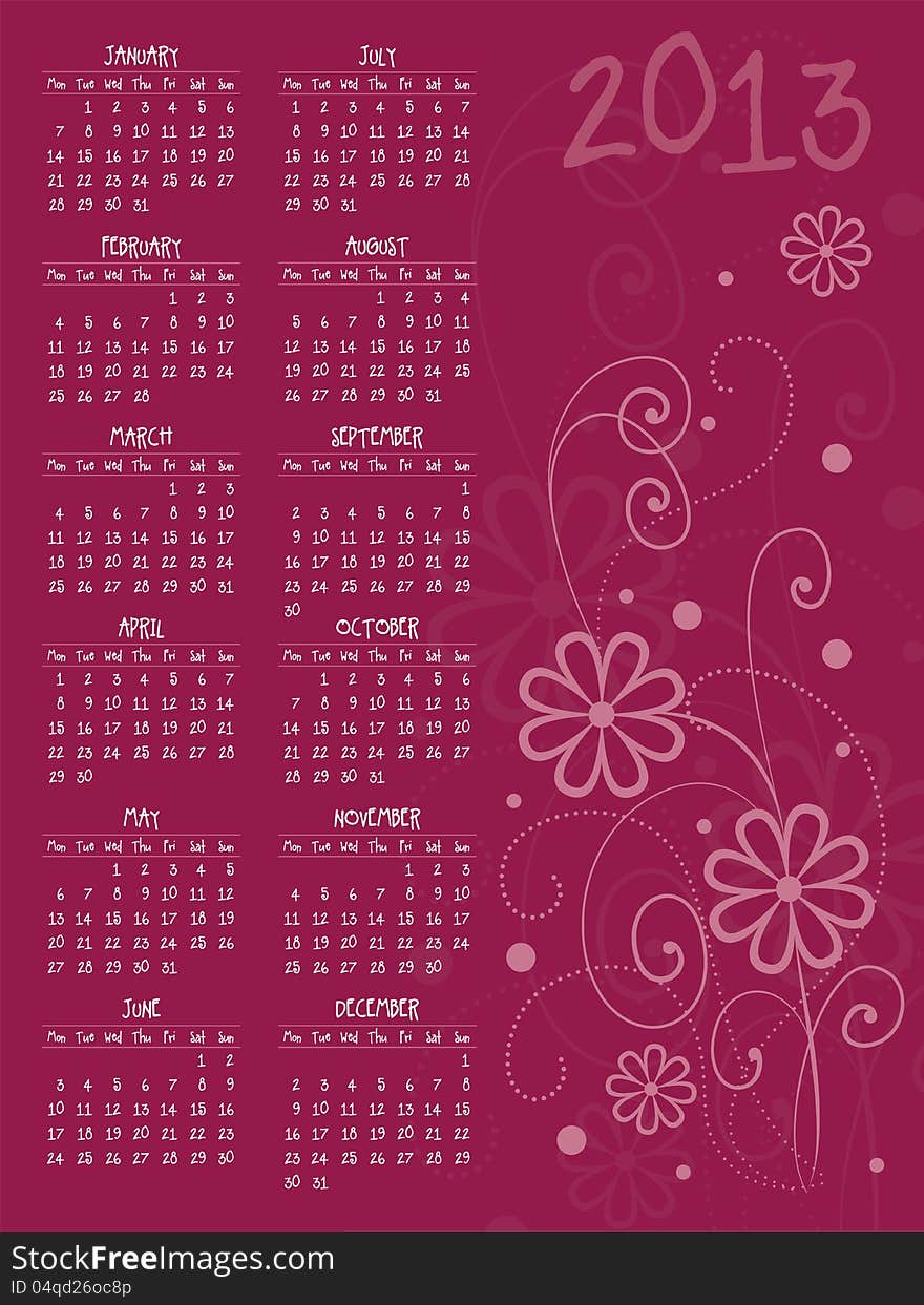 2013 vector calendar with flowers