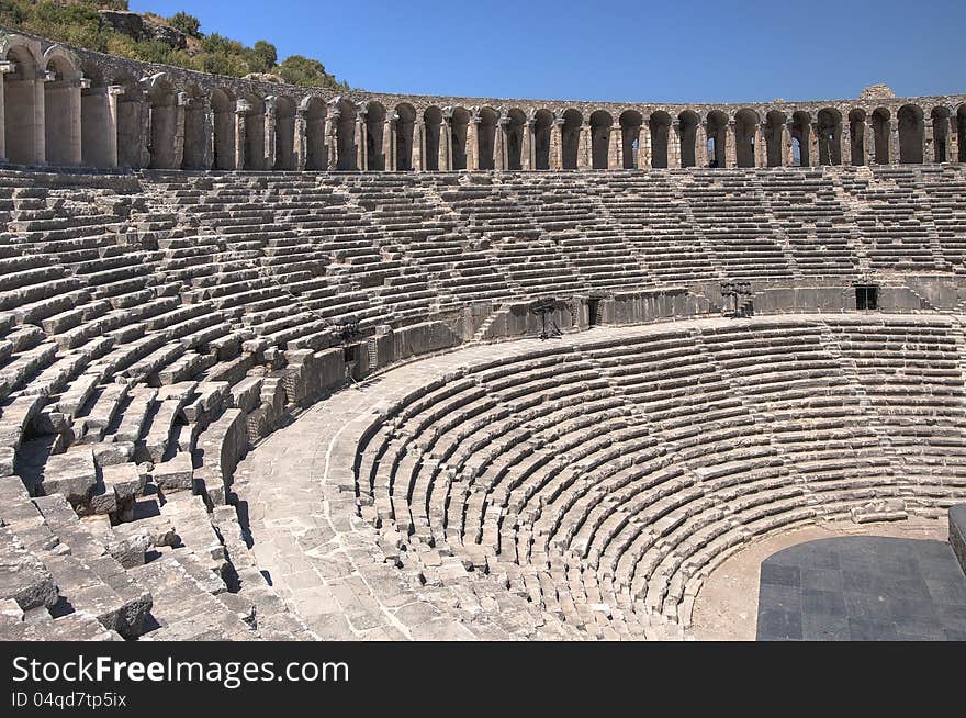 Constructed in 155 during the rule of Marcus Aurelius the theater in Aspendos is the best-preserved theater of ancient world. Constructed in 155 during the rule of Marcus Aurelius the theater in Aspendos is the best-preserved theater of ancient world