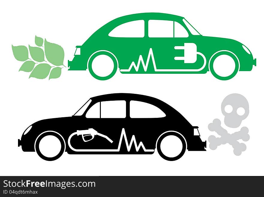 Two cars with one working on oil and another on eco power. Two cars with one working on oil and another on eco power