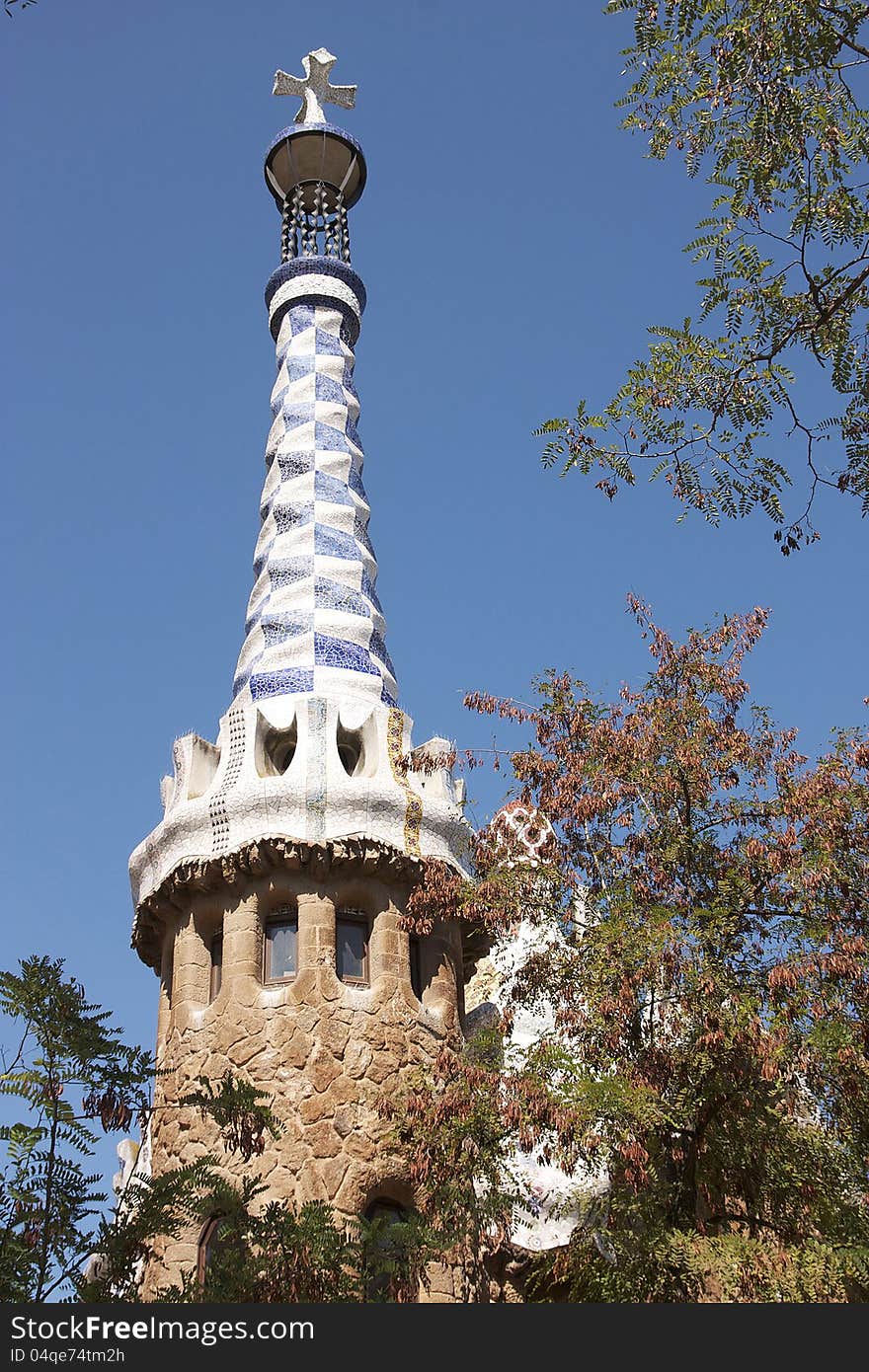 Barcelona. A tower on office building at an input in park Guell. Barcelona. A tower on office building at an input in park Guell