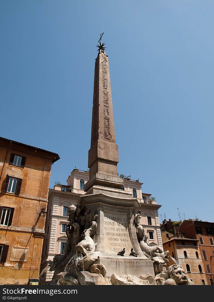 The obelisk near of the Pantheon in Rome. The obelisk near of the Pantheon in Rome