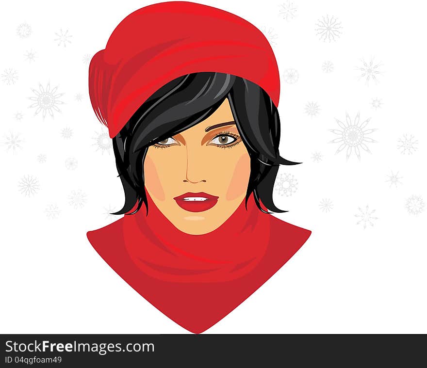 Portrait of brunette in a red knitted cap and scarf. Illustration