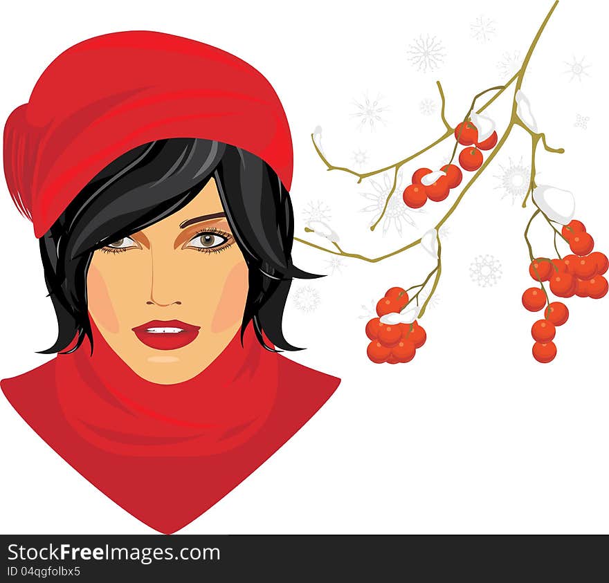 Brunette in a red knitted cap with rowan branch in the snow. Illustration