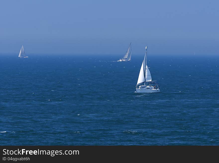 View of the sea with growing white yachts. View of the sea with growing white yachts