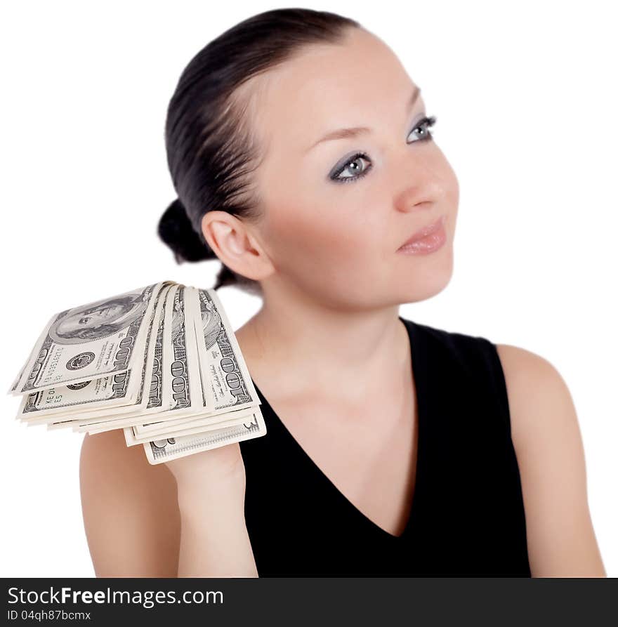 Pretty girl giving money isolated white background