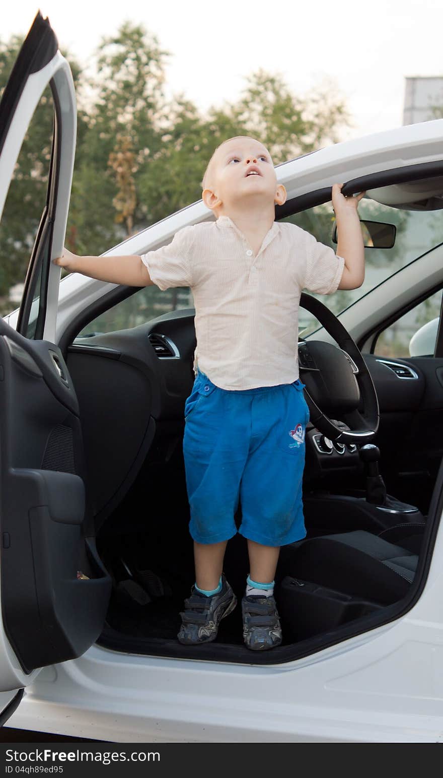 Small boy standing in a car door