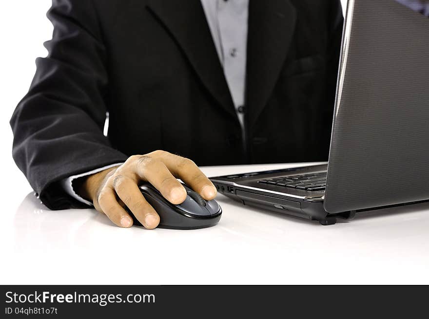 Man typing on laptop isolated over white background