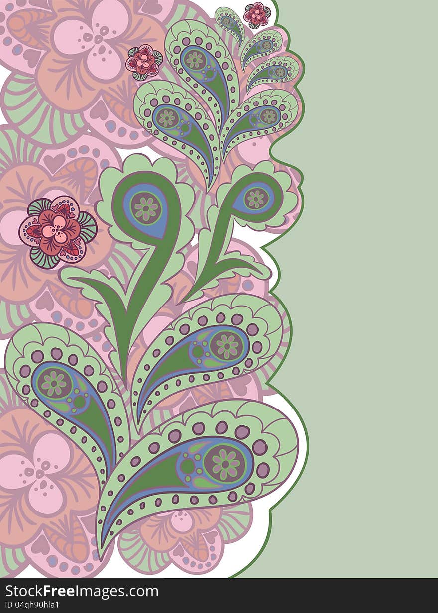 Beautiful pink and green background with hand-drawn flowers