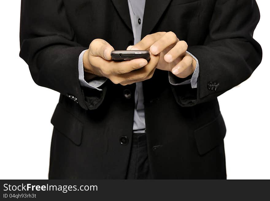 Close up of man using mobile smart phone isolated on white background. Close up of man using mobile smart phone isolated on white background