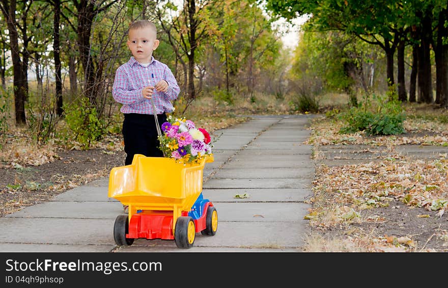 Small boy pulling along a colourful yellow toy truck with a bouquet of flowers on the back along a paved country lane. Small boy pulling along a colourful yellow toy truck with a bouquet of flowers on the back along a paved country lane