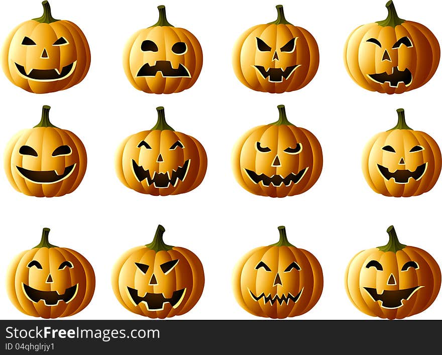 Set of Jack-o-lanterns, isolated on white