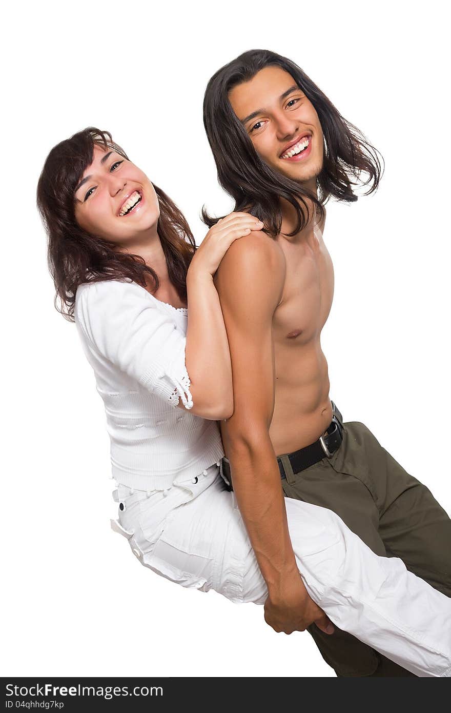 Portrait of a young couples in white clothes, isolated. Portrait of a young couples in white clothes, isolated