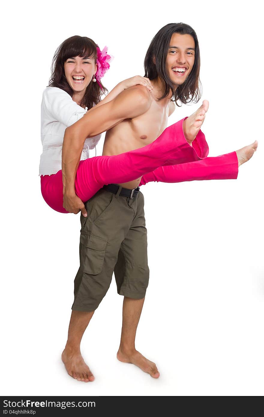 Portrait of a young and fun couples in full length, isolated. Portrait of a young and fun couples in full length, isolated