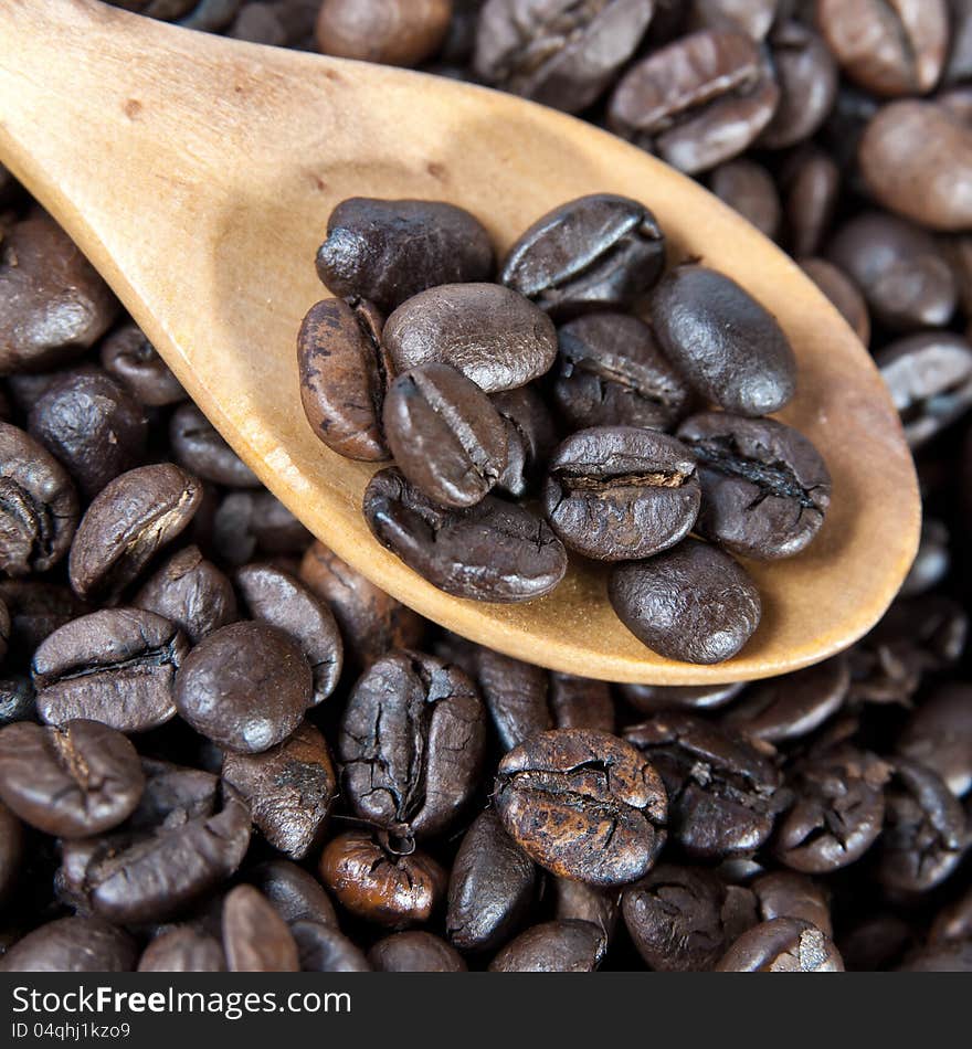 Coffee Beans With Wooden Spoon Close-up