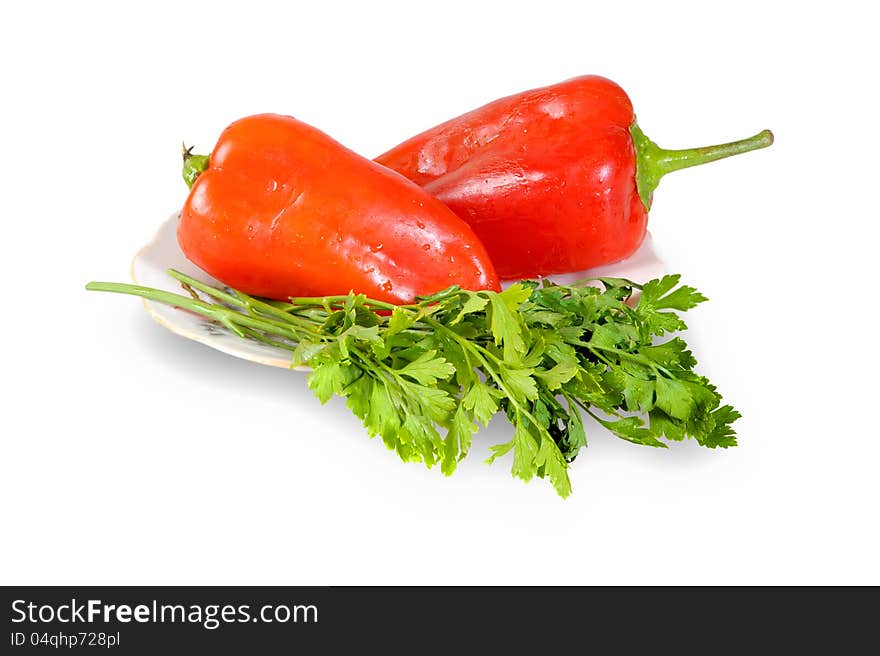 Two Red Peppers With The Parsley, Isolated