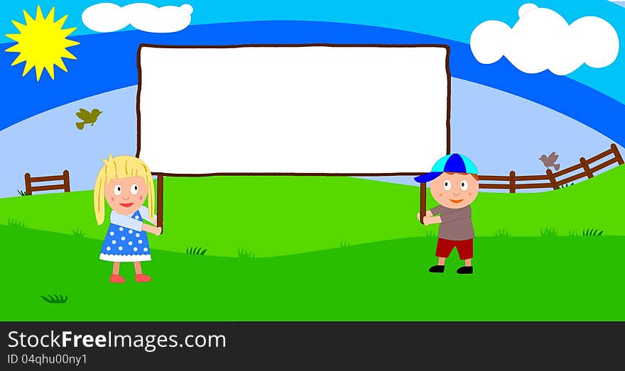 Children holding an empty sign to present something. Children holding an empty sign to present something.