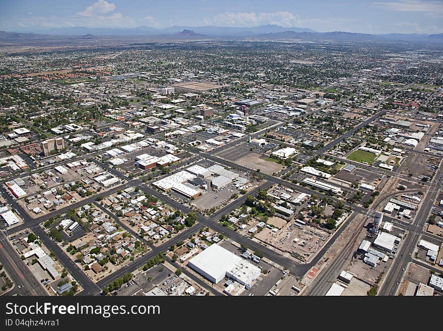 Downtown Mesa, Arizona and surrounding neighborhood on a Summer day