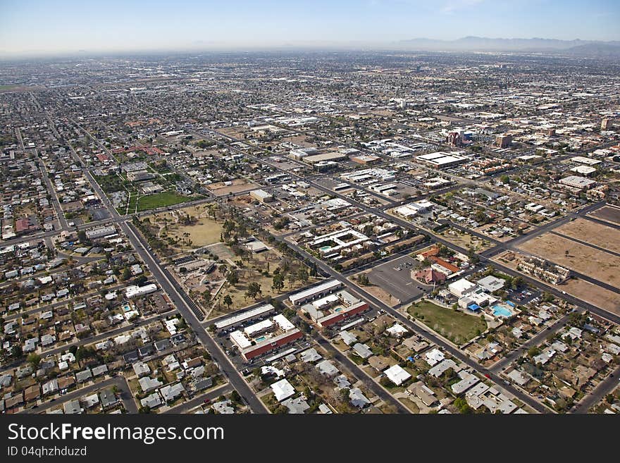 Helicopter aerial of downtown and surrounding neighborhood in Mesa, Arizona. Helicopter aerial of downtown and surrounding neighborhood in Mesa, Arizona