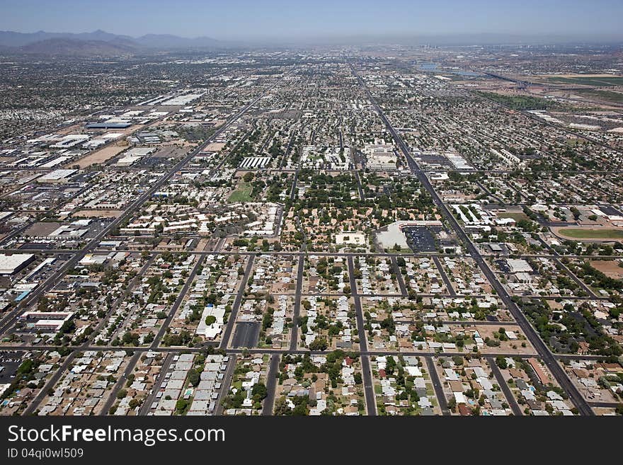 Northwest Mesa, Arizona with Tempe and Phoenix in the distance from above. Northwest Mesa, Arizona with Tempe and Phoenix in the distance from above