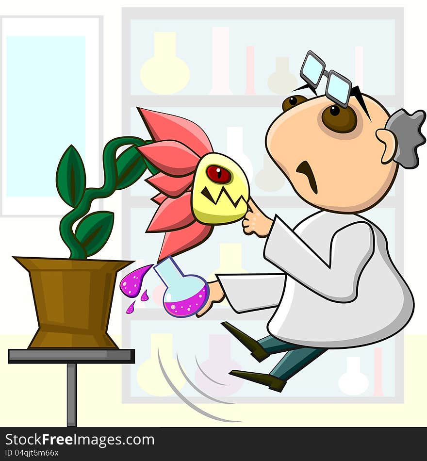 Aggressive mutant flower biting finger of scientist. Aggressive mutant flower biting finger of scientist