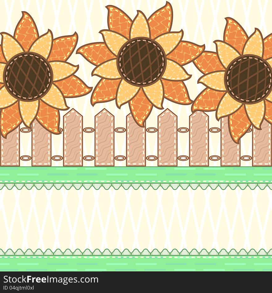 Scrapbook country background with blooming sunflowers and wooden fence. Scrapbook country background with blooming sunflowers and wooden fence