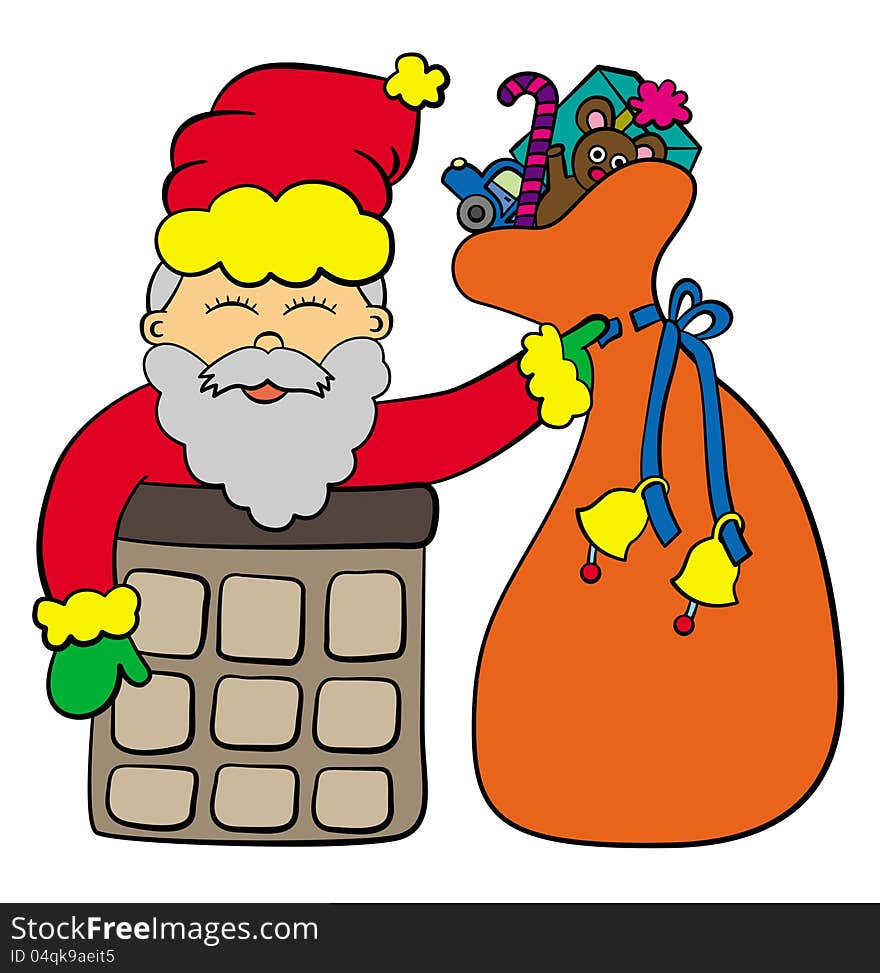 A funny illustration of Santa Claus coming out of a chimney. A funny illustration of Santa Claus coming out of a chimney