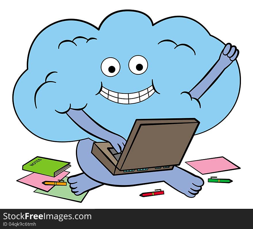 A humorous illustration of a cloud with feet and arms is working on a laptop. A humorous illustration of a cloud with feet and arms is working on a laptop